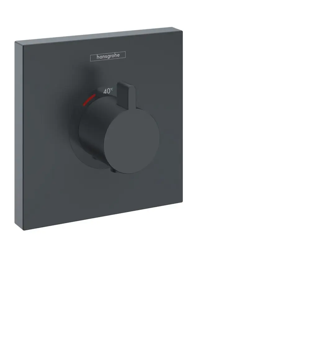 Thermostat von Hansgrohe in Mattschwarz, mit Drehregler zur Temperatureinstellung bis 40°C auf einer quadratischen, schlichten Wandplatte montiert.
